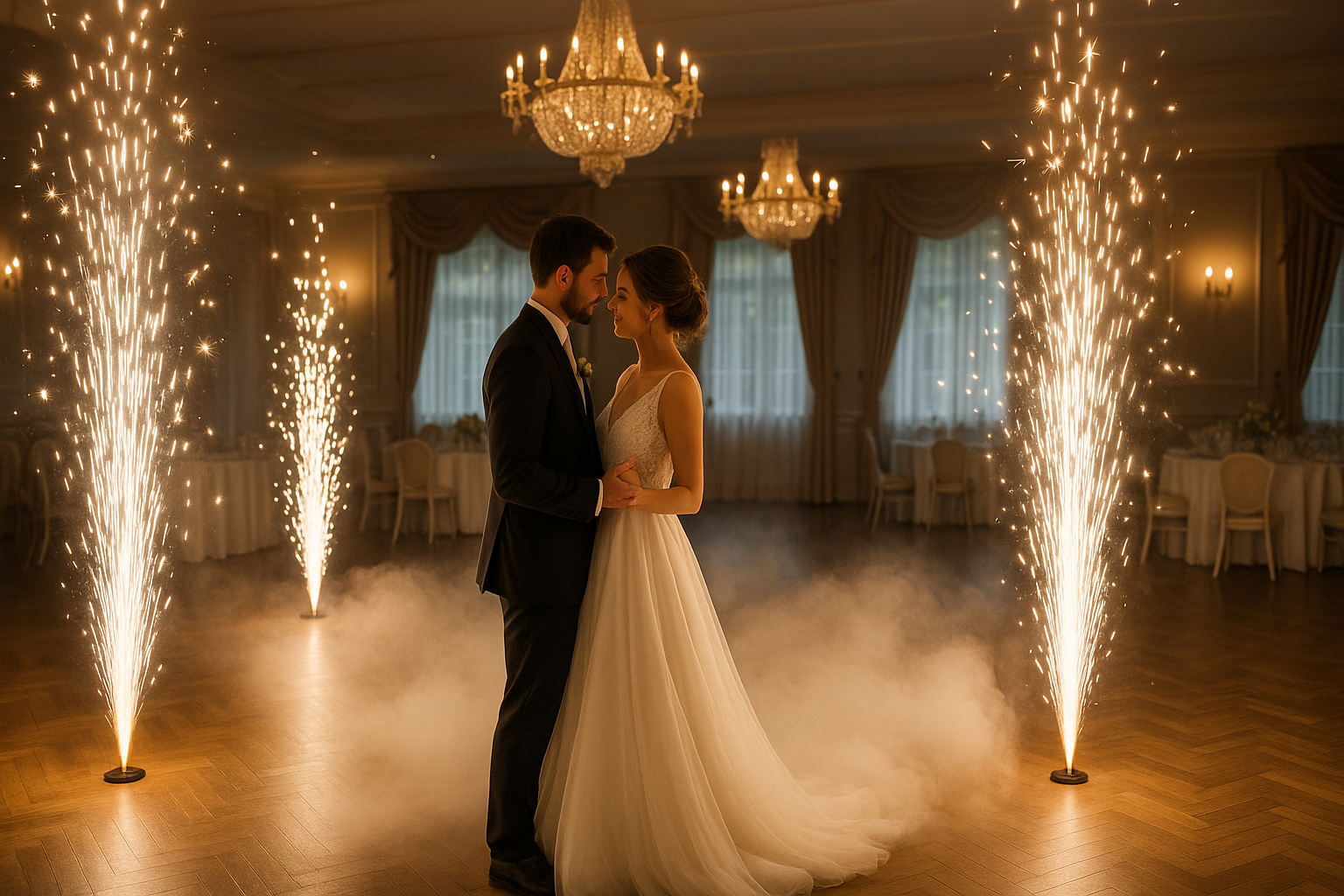 Pierwszy taniec pary młodej wśród zimnych fontann iskier na weselu