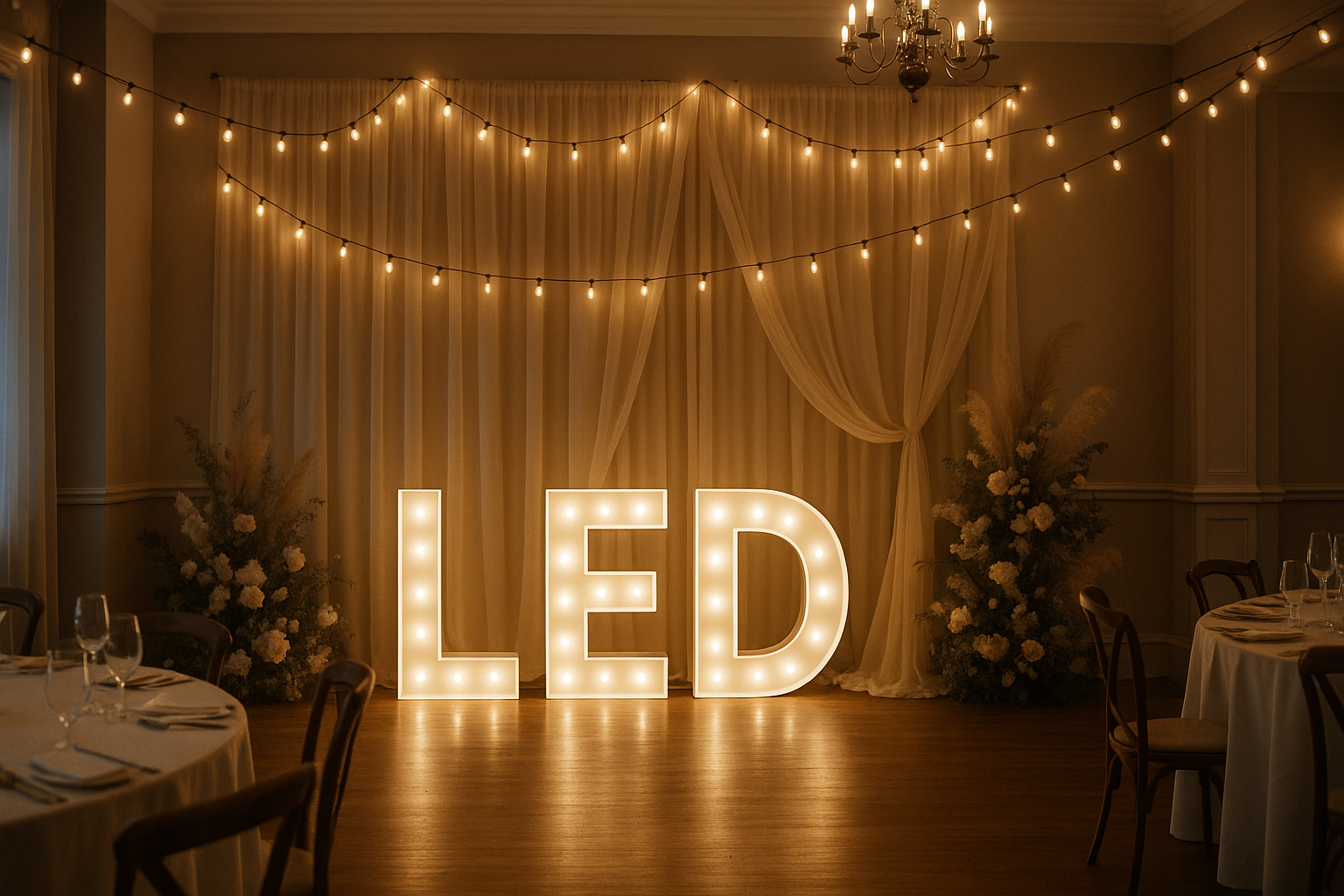 Napis LED dopasowany do stylu wesela lub eventu w eleganckiej aranżacji sali
