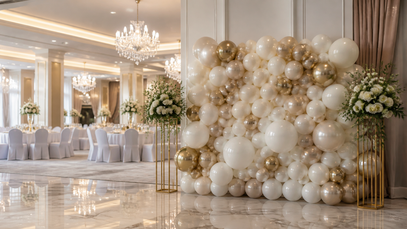 Eleganckie dekoracje balonowe na wesele i event ze ścianką balonową w sali przyjęć